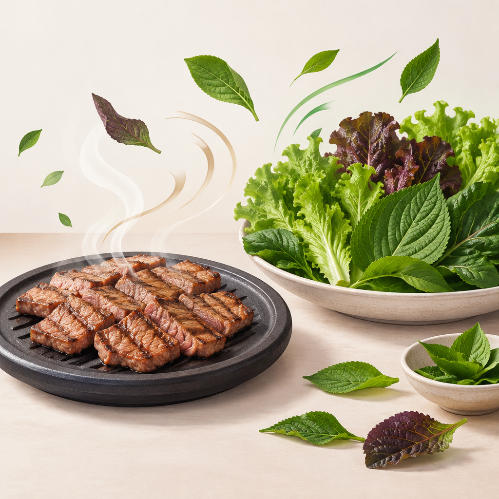 AI 생성 설명 이미지: 안산일동맛집 유니드정육식당 | 쌈 채소의 아삭함과 향은 고기 맛을 어떻게 보완할까?